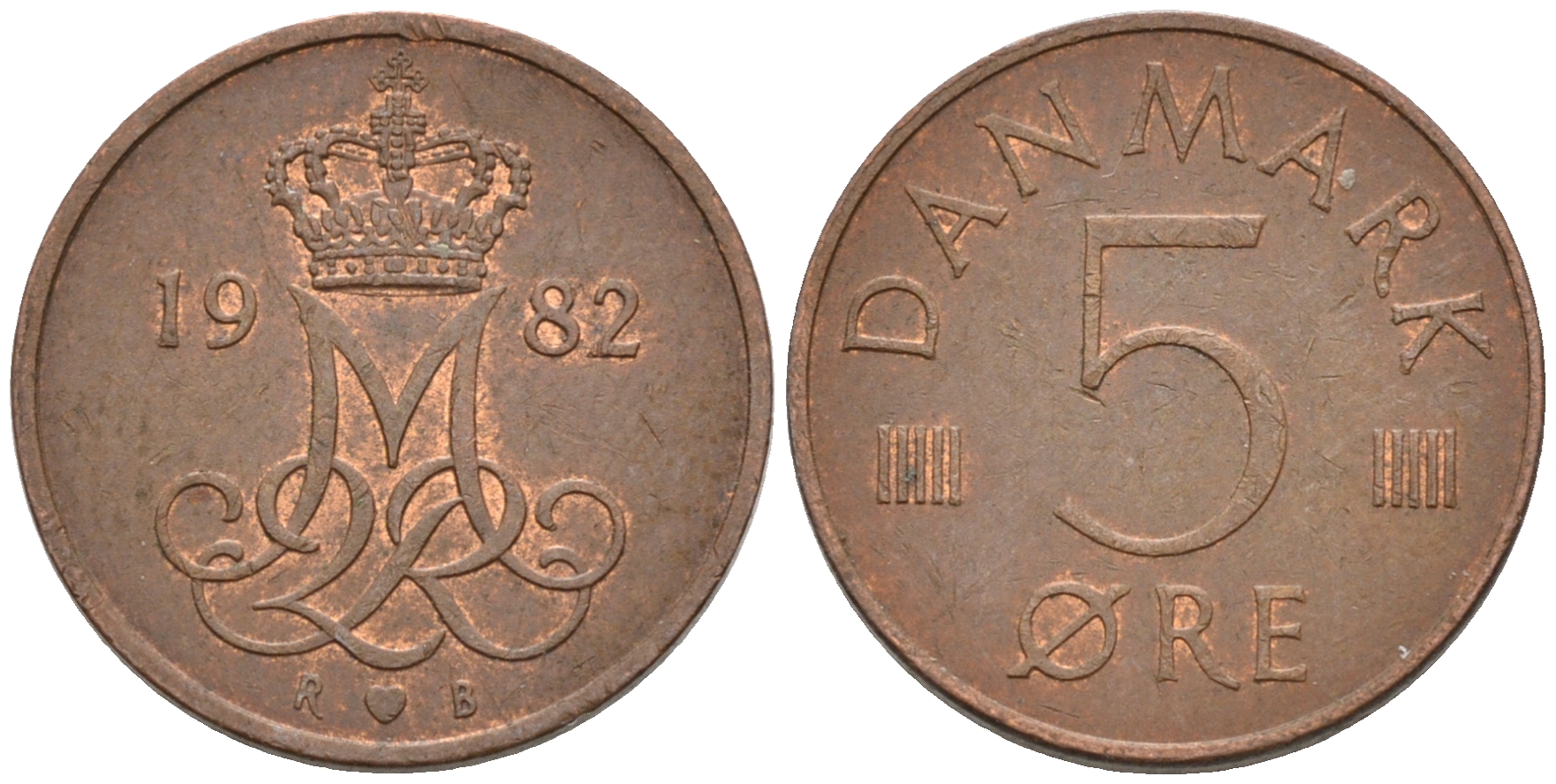 ДАНИЯ 5 ЭРЕ 1982 R; B, МАРГРЕТЕ II (1972-) KM 859.3 железо плакированное медью 4564-1168
