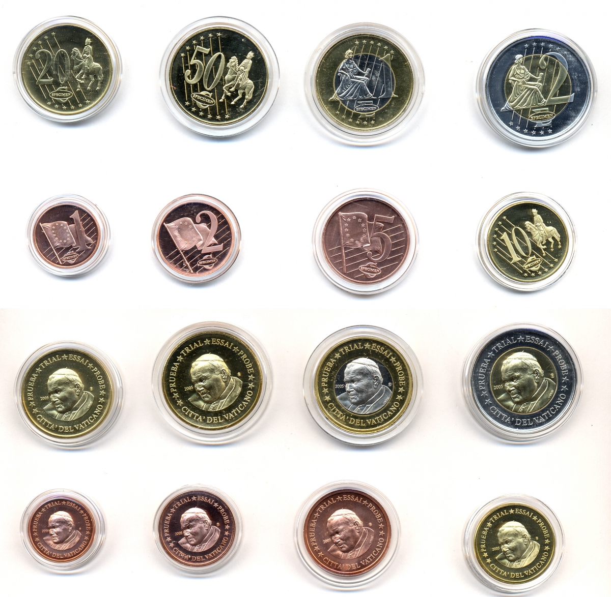 ВАТИКАН НАБОР ИЗ 8 МОНЕТ 2005 PROBE, ESSAI, ЕВРОПРОБНИКИ БОЛЬШОГО ФОРМАТА, В КАПСУЛАХ , ИОАНН ПАВЕЛ II (1978-2003), ТИРАЖ 30000 ЭКЗ. биметалл PROOF 06-081-30