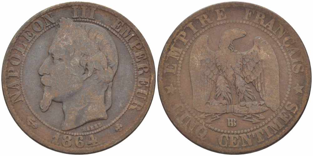 ФРАНЦИЯ 5 САНТИМОВ 1864 BB, НАПОЛЕОН III (1852-1870) KM 797.2, LE FRANC 117.12 бронза 108-611