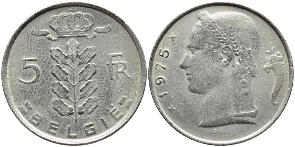 Бельгия 5 франков 1975 Belgie, Бодуэн I (1951-1993) KM 135.1 медно-никель 4110-1024
