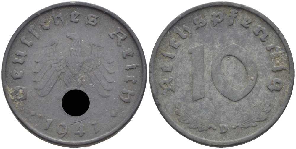 ГЕРМАНИЯ 10 РЕЙХСПФЕННИГОВ 1941 D KM 101, J. 371 цинк 4401-715