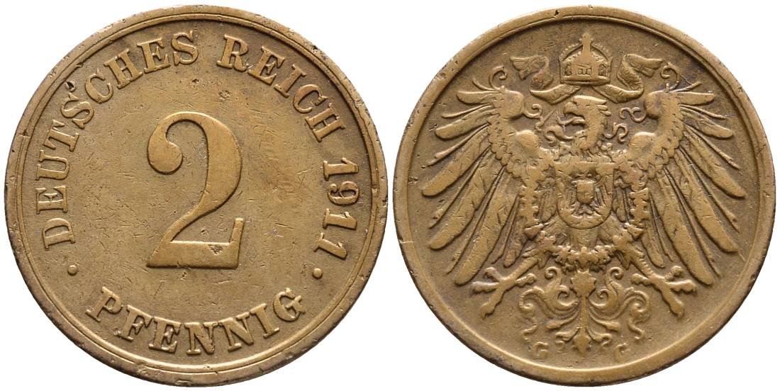 ГЕРМАНИЯ 2 ПФЕННИГА 1911 G KM 16, Jager 11, Weege 4 медь 4546-715