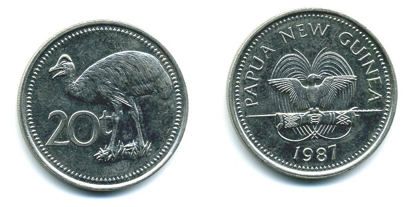 Папуа-Новая Гвинея 20 тойя 1987 старус KM 5 медно-никель 04-411
