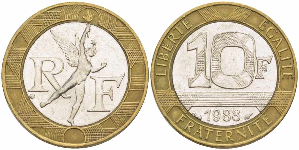 Франция 10 франков 1988 тип гений Бастилии KM 964.1, Le Franc 375.2 биметалл 4401-1251
