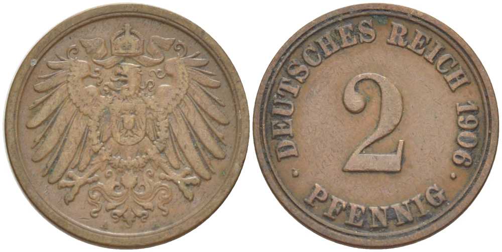 ГЕРМАНИЯ 2 ПФЕННИГА 1906 A KM 16, J. 11, Weege 4 медь 211-514