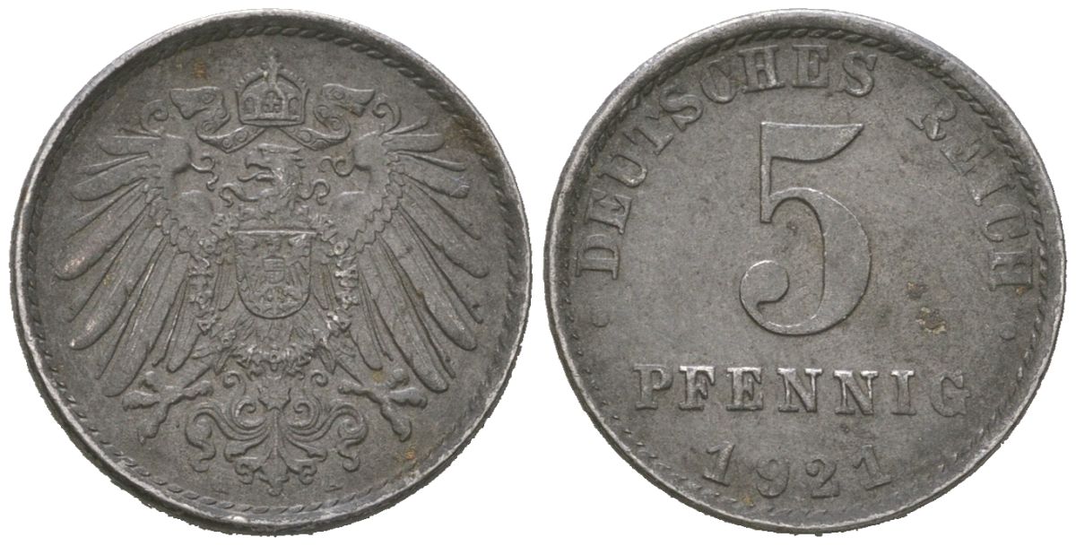 Германия 5 пфеннигов 1921 A, Вильгельм II (1888-1918) KM 19, J. 297 железо плакированная цинком 4615-741