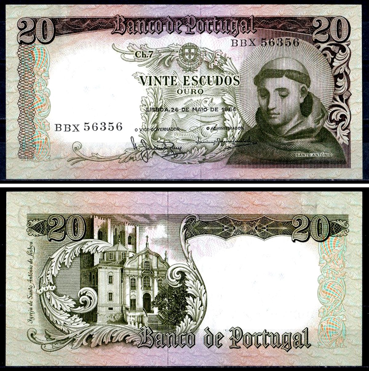 Португалия 20 эскудо 1964 Антоний Падуанский Pick 167 b (5) бумага UNC (пресс) 402-39-1-1