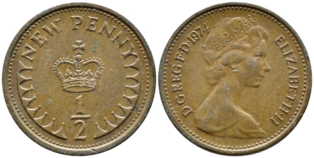 Великобритания 1/2 пенни 1974 Елизавета II (1952-2022) KM 914, Spink 4239 бронза 4392-469