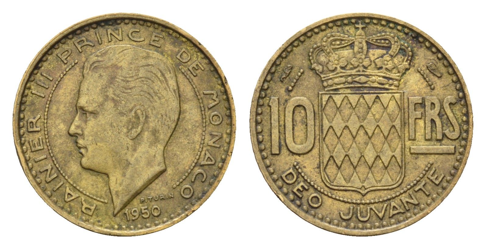 Монако 10 франков 1950 Ренье III (1949-2005) KM 130 алюминиевая бронза 4679-626