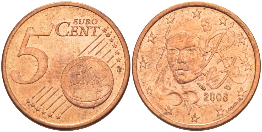 Франция 5 евроцентов 2008 KM 1284 сталь плакированная медью 216-1211