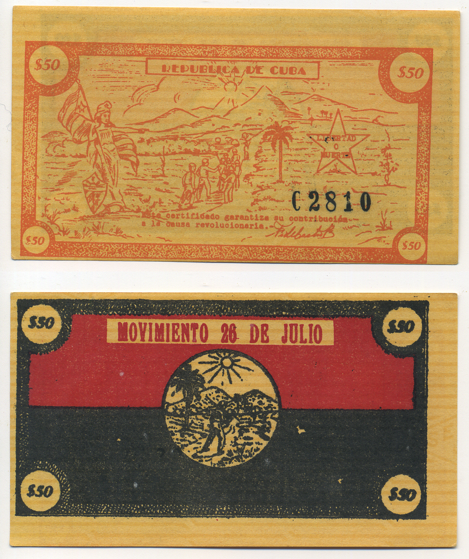 Куба, революционный выпуск 50 песо 1958 нотгельд, движение 28 июля, Кубинская Революция 1958   бумага  аUNC  504-20-3-1