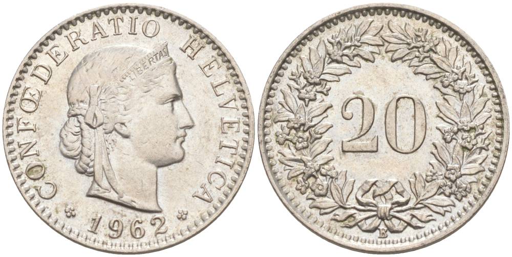 Швейцария 20 раппенов 1962 В KM 29a медно-никель 55-827