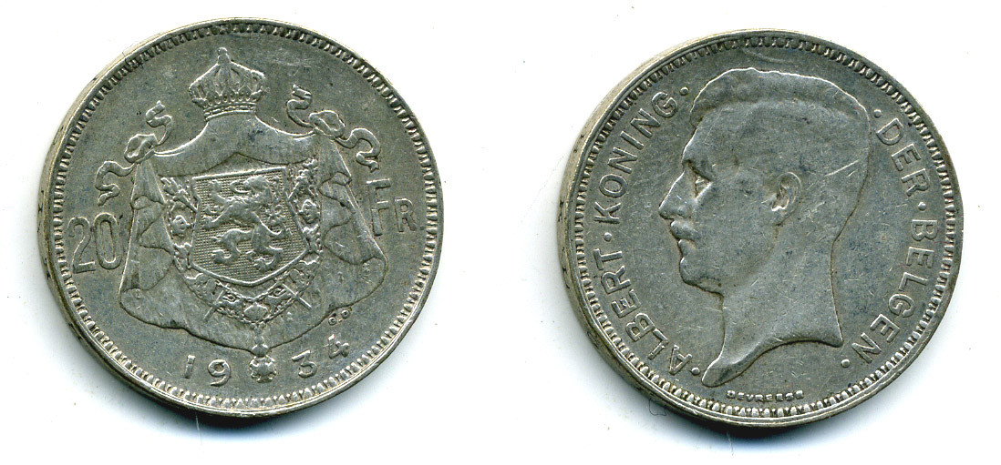 Бельгия 20 франков 1934 Альберт I (1909-1934), Der Belgen KM 104.1 серебро 86-1836