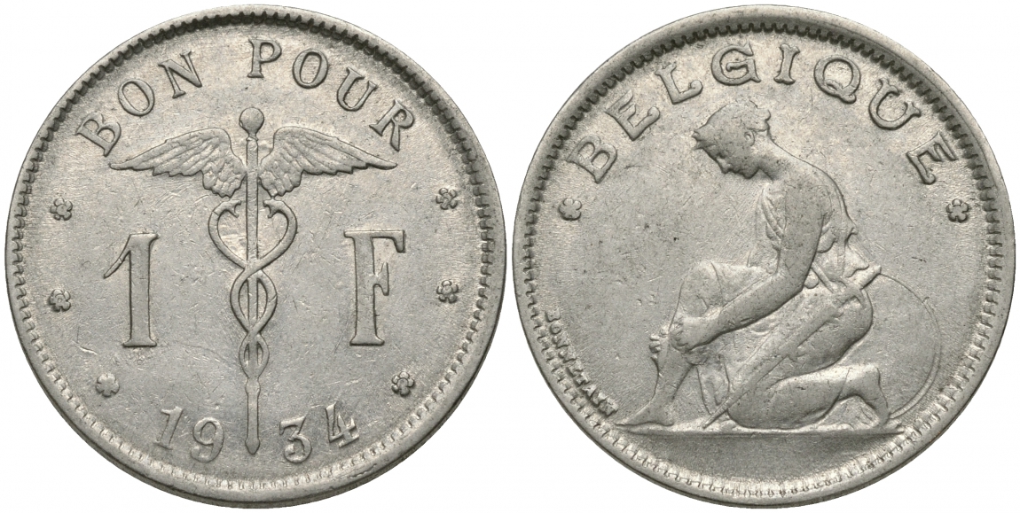 БЕЛЬГИЯ 1 ФРАНК 1934 BELGIQUE KM 89 никель 51-2135
