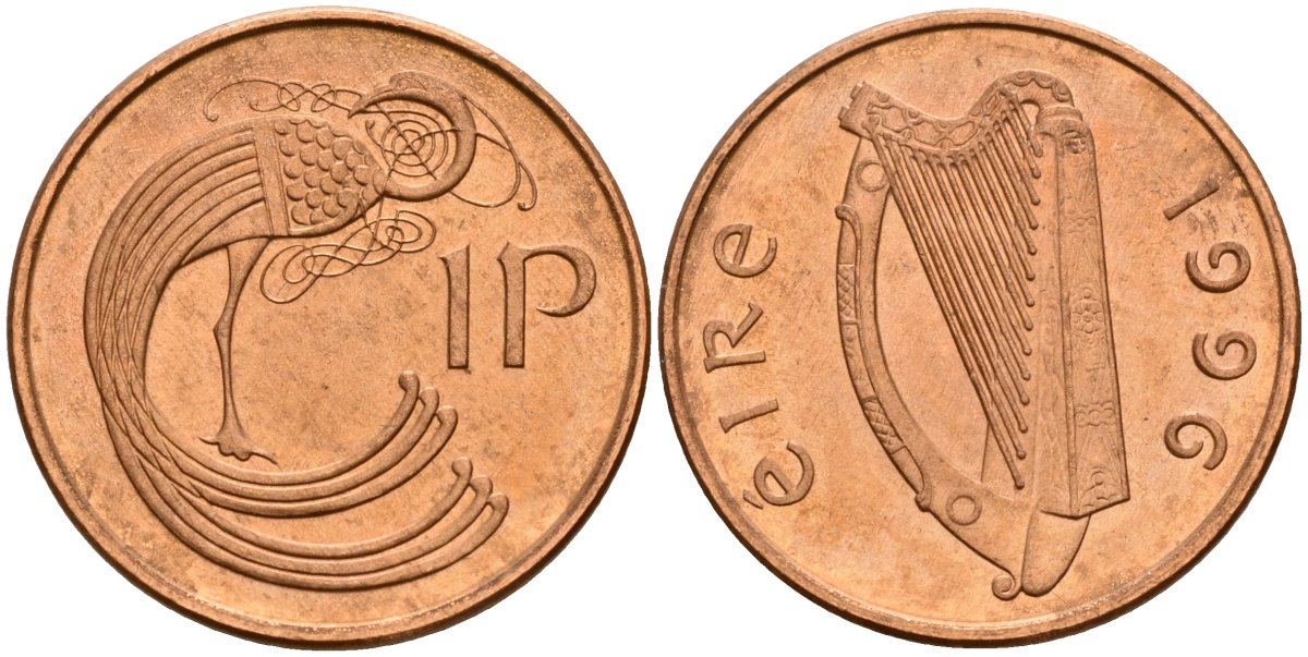 Ирландия 1 пенни 1996 мифологическая птица лира KM 20a бронза 4141-246