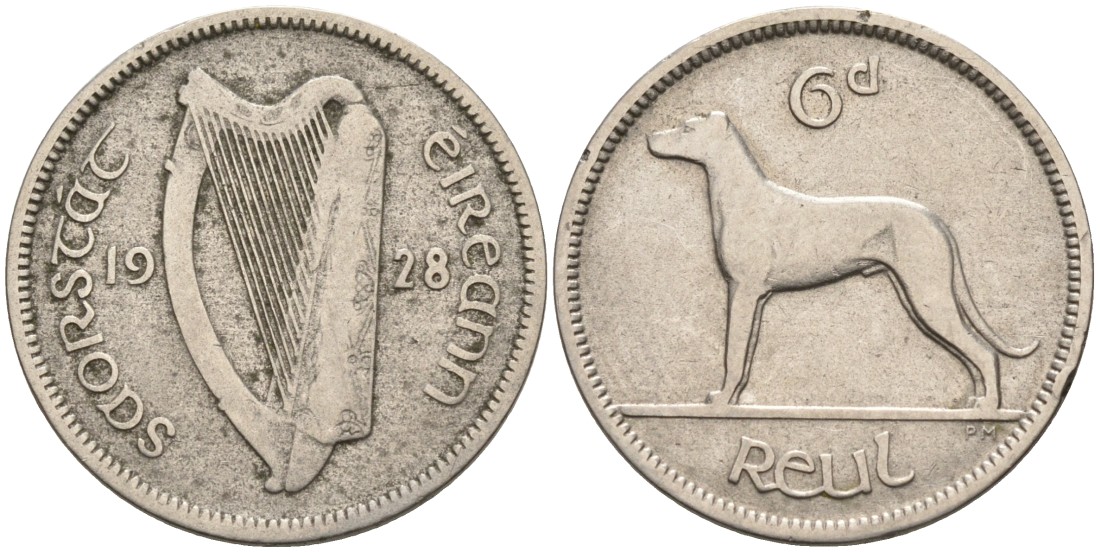 Ирландия 6 пенсов 1928 собака, ирландский волкодав KM 5 никель 202-451