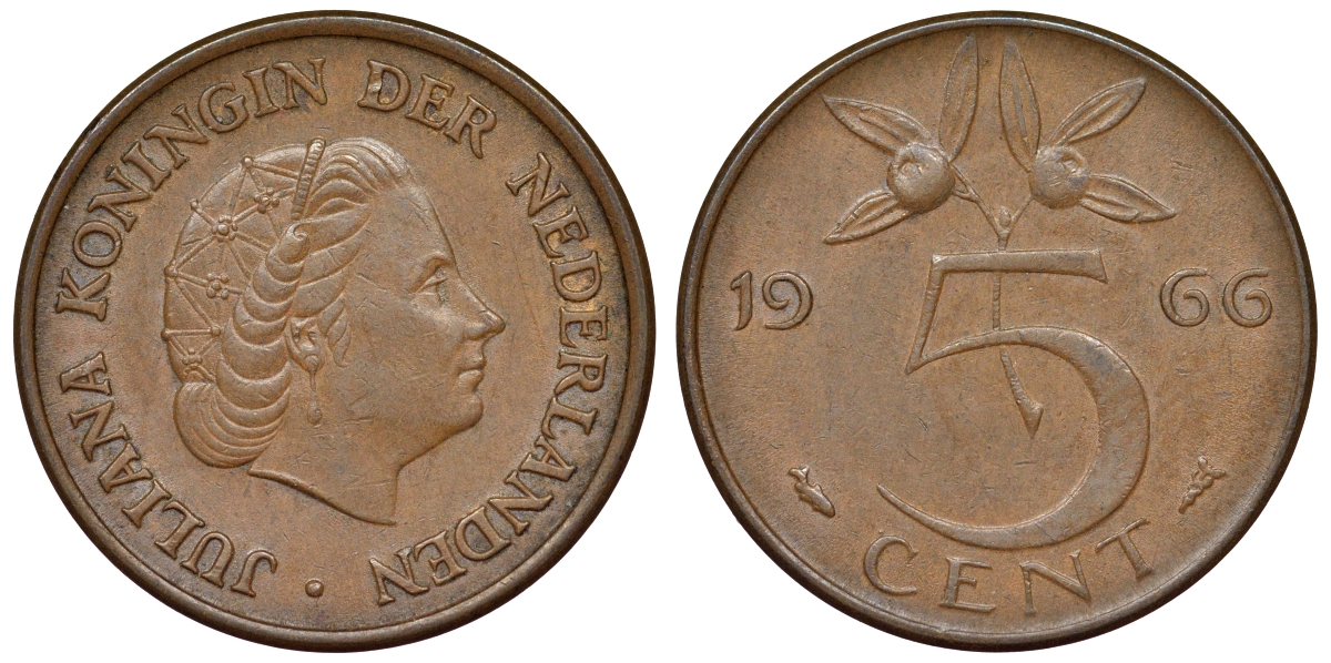 Нидерланды 5 центов 1966 Юлиана KM 181 бронза 71-121