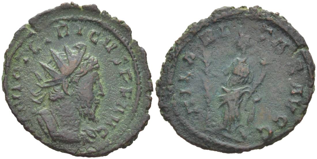 Римская Империя, императоры в Галлии антониниан 272 - 273 Тетрик, IMP C TETRICVS P F AVG, бюст императора / HILARITAS AVGG,Хиларитата, персонификация Радости, Колония Агриппины (Кельн) RIC 79 биллон 1073-20-67