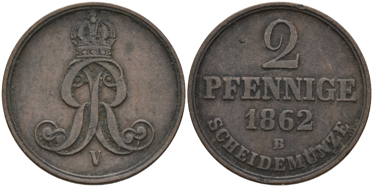 Брауншвейг-Каленберг-Ганновер 2 пфеннига 1862 B, Георг V (1851-1866) KM 234, AKS 153, J. 91 медь 4142-442