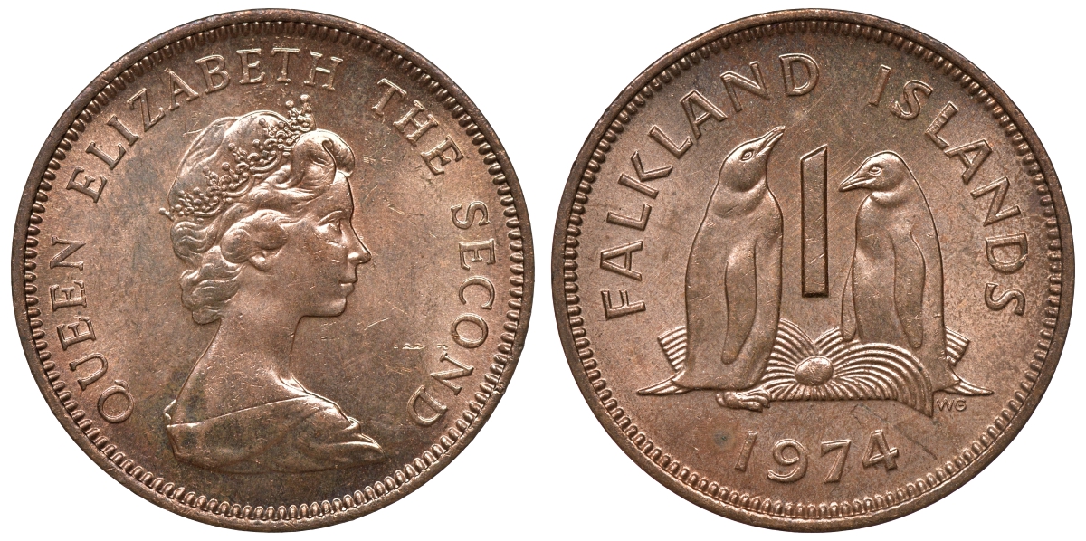 Фолклендские острова 1 пенни 1974 Елизавета II (1952-2022), папуанский пингвин KM 2 бронза aUNC 4118-136