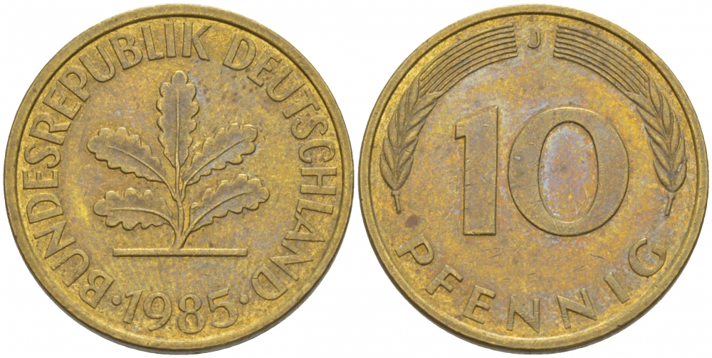 ФРГ 10 ПФЕННИГОВ 1985 J KM 108, J.383 сталь плакированная латунью 3996-856