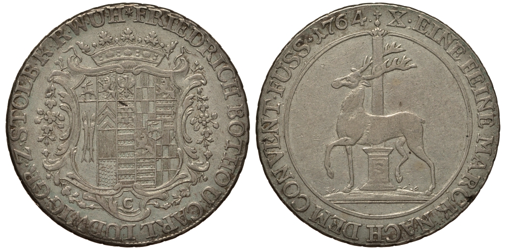 Штольберг 1 талер 1764 Кристорф Людвиг II и Фридрих Бото из рода Росло Dav. 2808, Friedrich 1985, KM 40 серебро 00-000-00