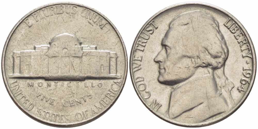 США 5 ЦЕНТОВ 1964 ДЖЕФФЕРСОН KM А192 медно-никель 4364-1227