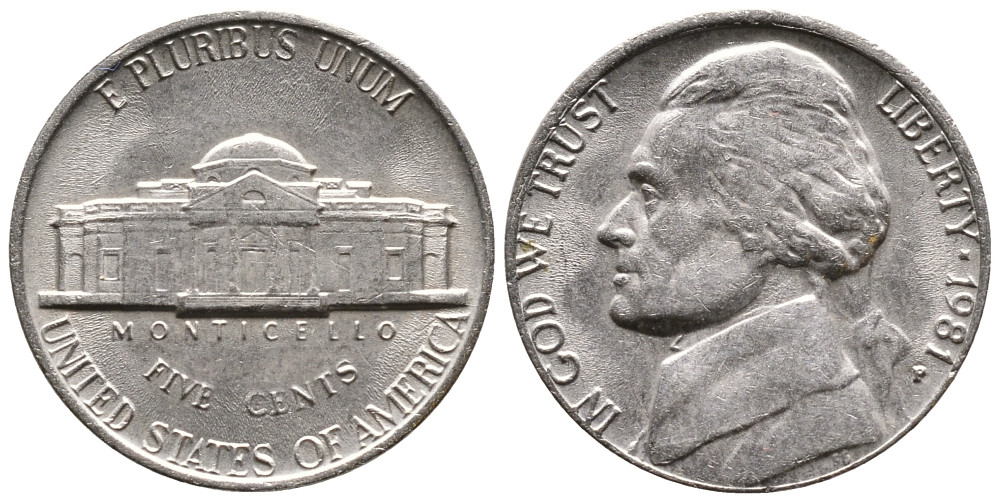 США 5 ЦЕНТОВ 1981 P, ДЖЕФФЕРСОН KM А192 медно-никель 4364-631