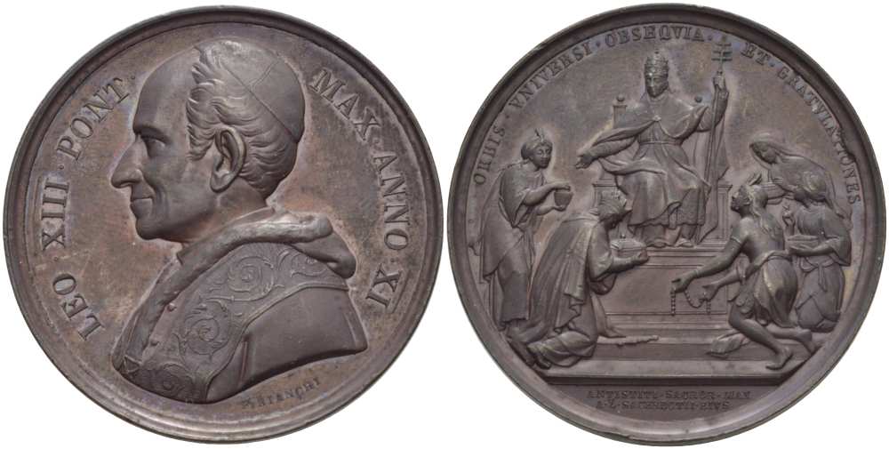 ВАТИКАН МЕДАЛЬ 1888 ЛЕО XIII (1878-1903), ANNO XI, 50-ЛЕТИЕ ПАПЫ ЛЬВА XIII, ПАПА СИДИТ НА ТРОНЕ, ВОКРУГ ПЯТЬ ФИГУР, ПРЕДСТАВЛЯЮЩИЕ ПЯТЬ КОНТИНЕНТОВ, МЕДАЛЬЕР ФРАНЧЕСКО БЬЯНКИ, ДИАМЕТР 43,5 ММ., ВЕС 39,7 ГР. бронза 1084-2-32