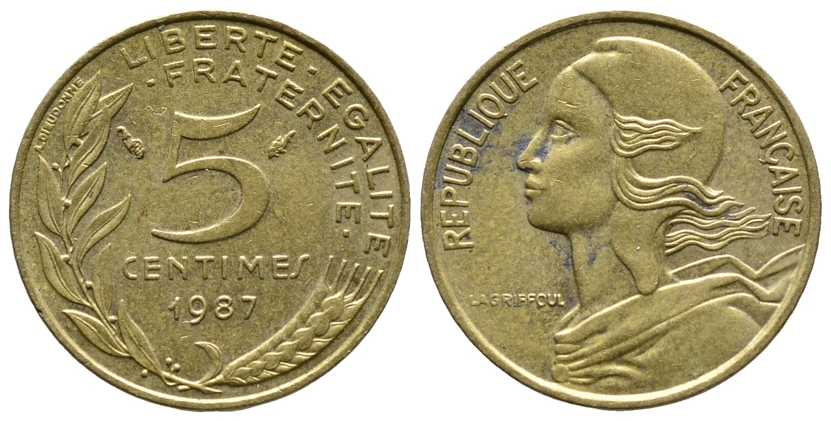 ФРАНЦИЯ 5 САНТИМОВ 1987 ТИП MARIANNE KM 933 медь алюминий никель 93-1313