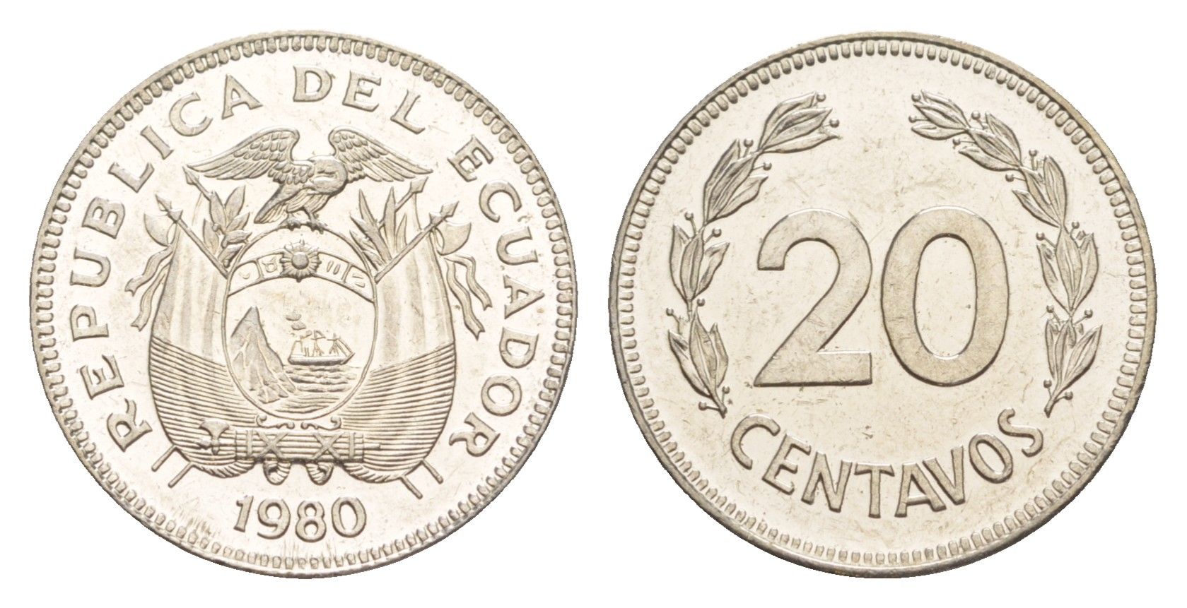 Эквадор 20 сентаво 1980 KM 77.2a сталь плакированная никелем UNC 4640-1239