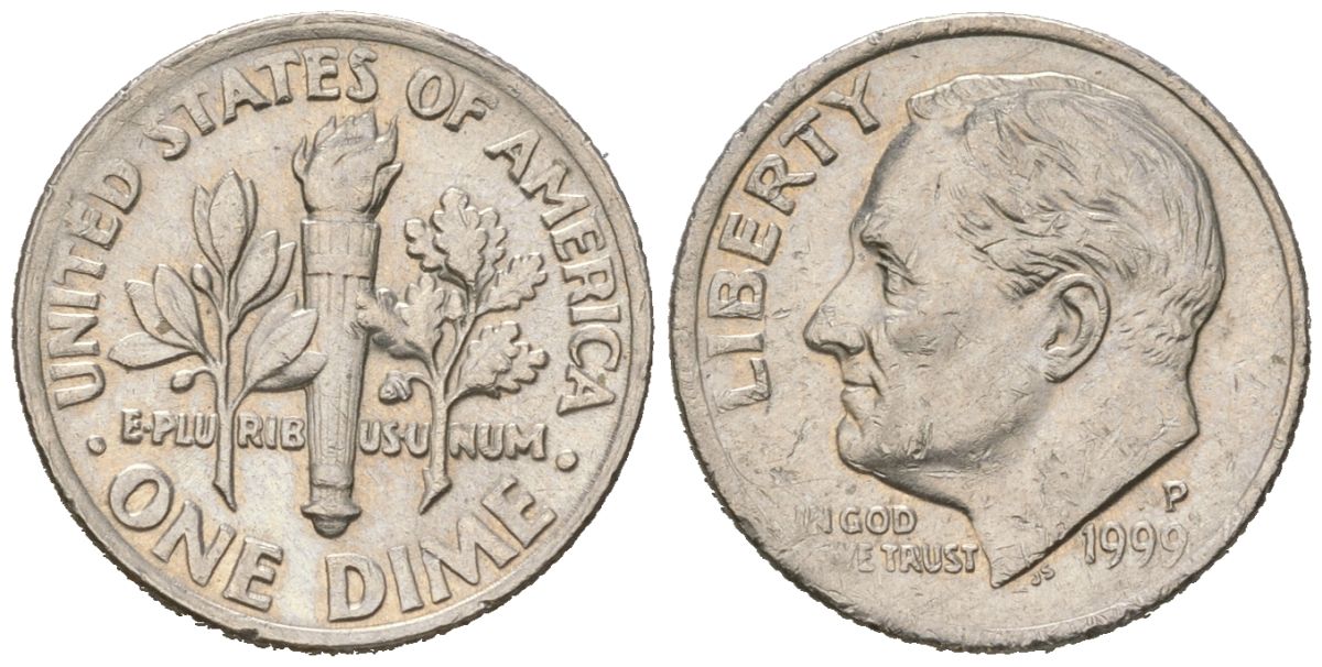 США 10 центов (дайм) 1999 P, президент Рузвельт KM 195a медь плакированная медно-никелем UNC 218-243