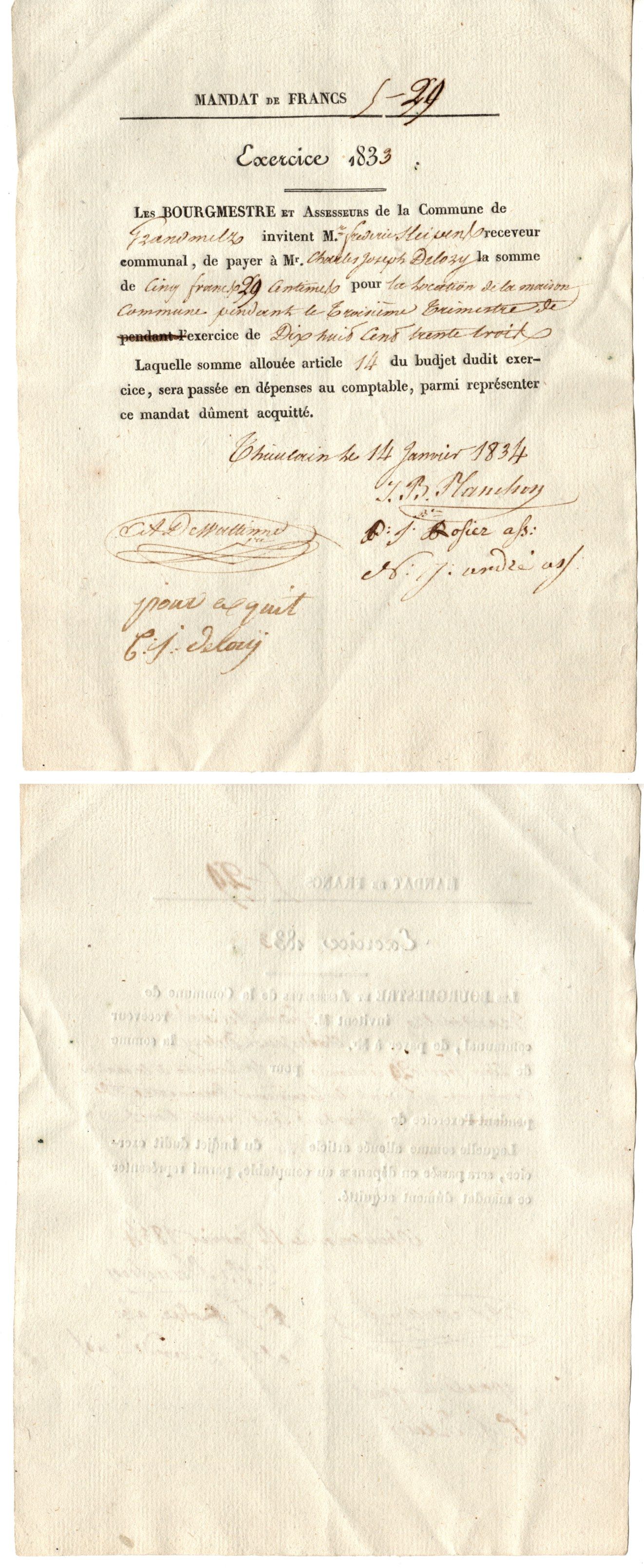 Франция платежный мандат / платежное поручение на суммму 5 франков 1833 за аренду дома / помещения бумага 8618-1-1-1