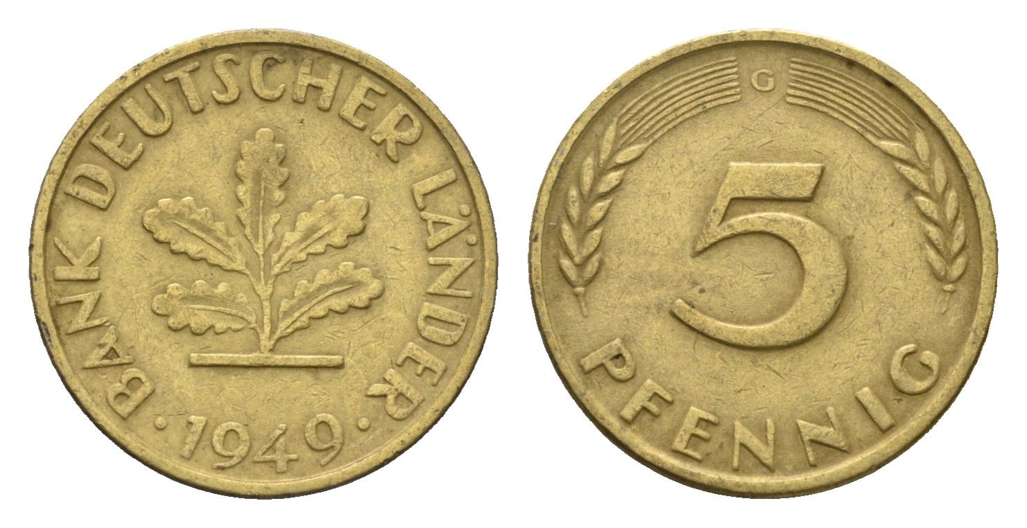 ФРГ 5 пфеннигов 1949 G KM 102, J. 377 сталь плакированная латунью 4685-367
