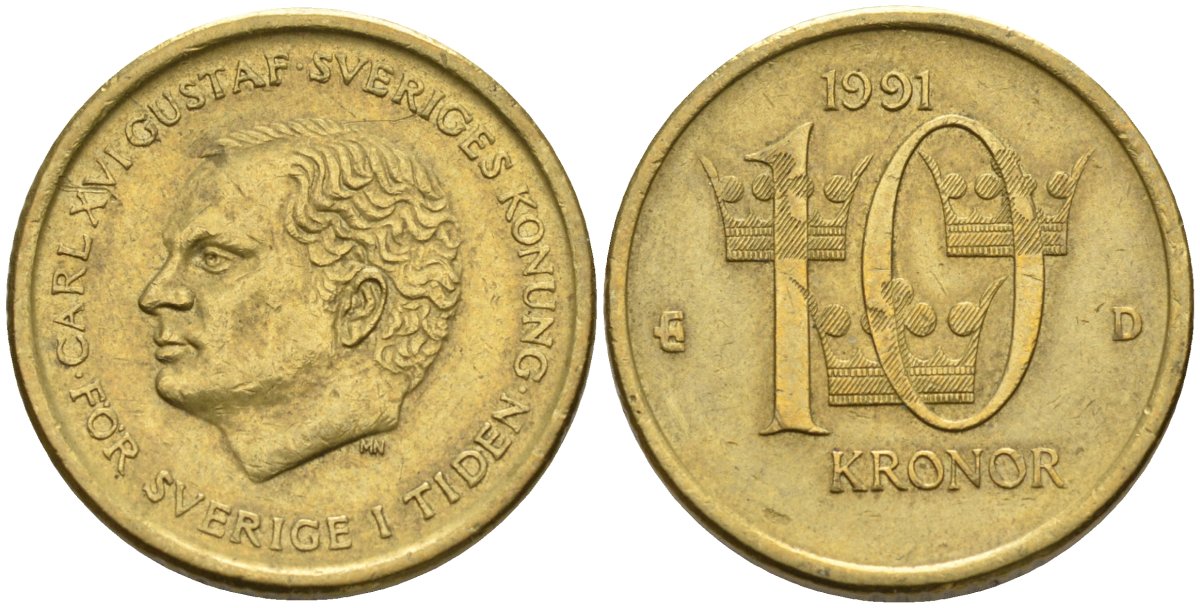 Швеция 10 крон 1991 D, Карл XVI Густав (1973- ) KM 877 медь алюминий цинк 4592-145