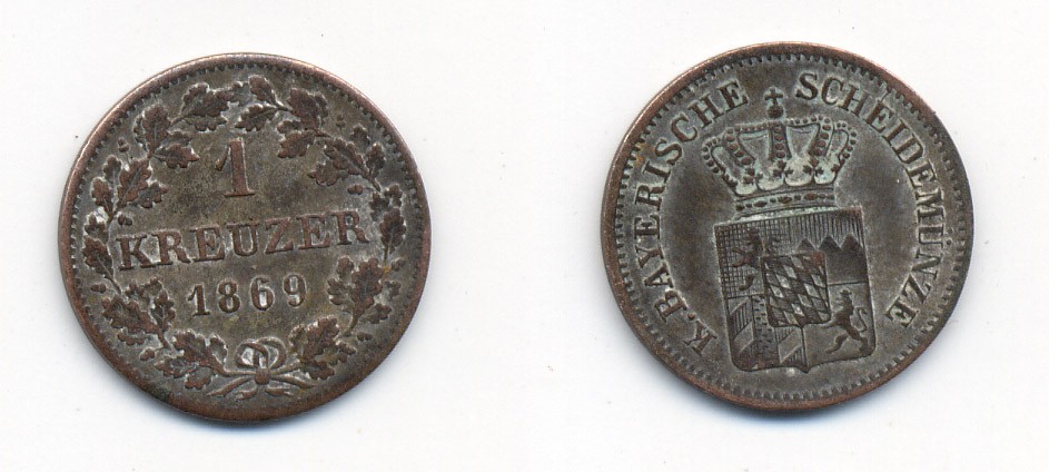 Бавария 1 крейцер 1869 Людвиг II (1864-1886) KM 487 серебро 71-1518