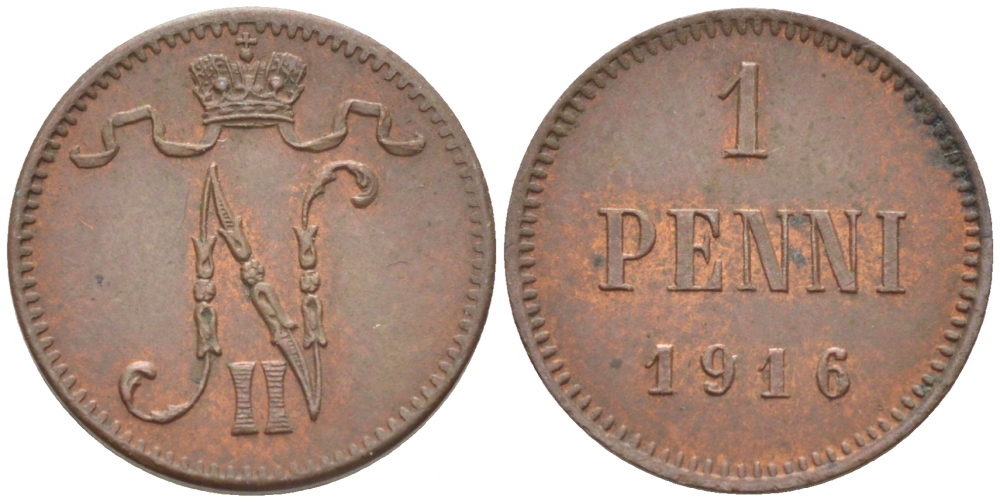РОССИЯ ДЛЯ ФИНЛЯНДИИ 1 ПЕННИ 1916 НИКОЛАЙ II (1895-1917) KM 13, Биткин 476 медь 211-1048