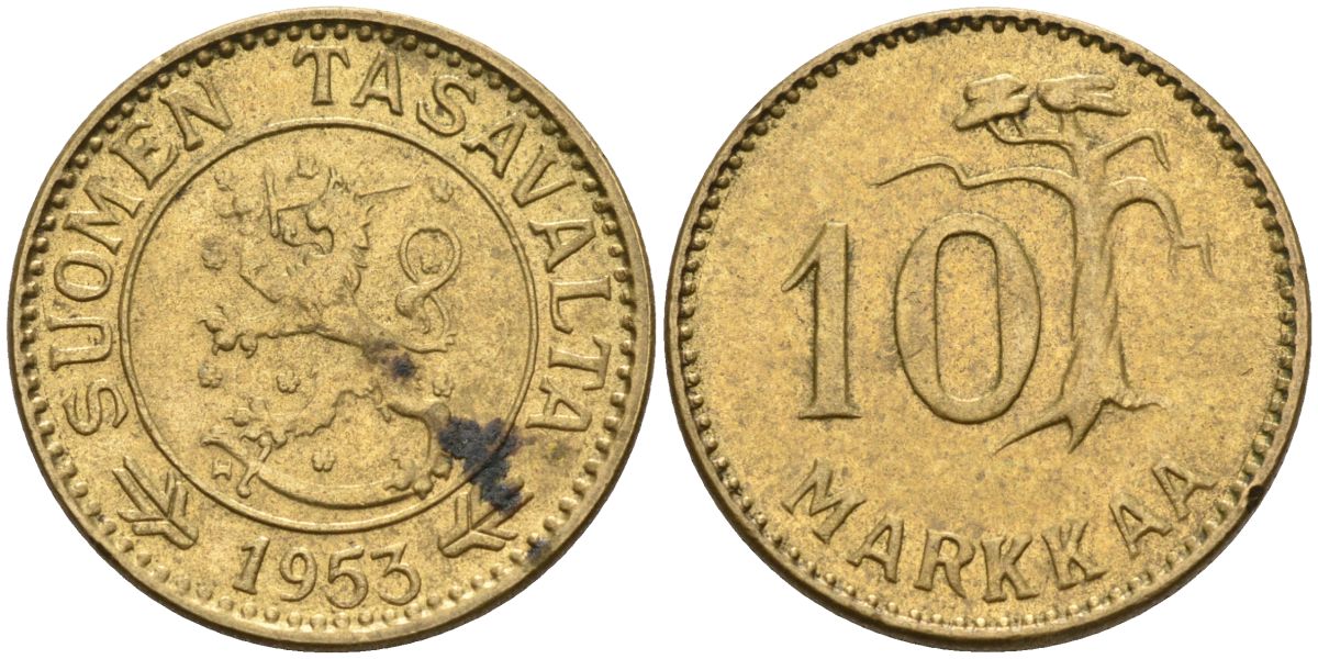 Финляндия 10 марок 1953 H KM 38 алюминиевая бронза 4595-112