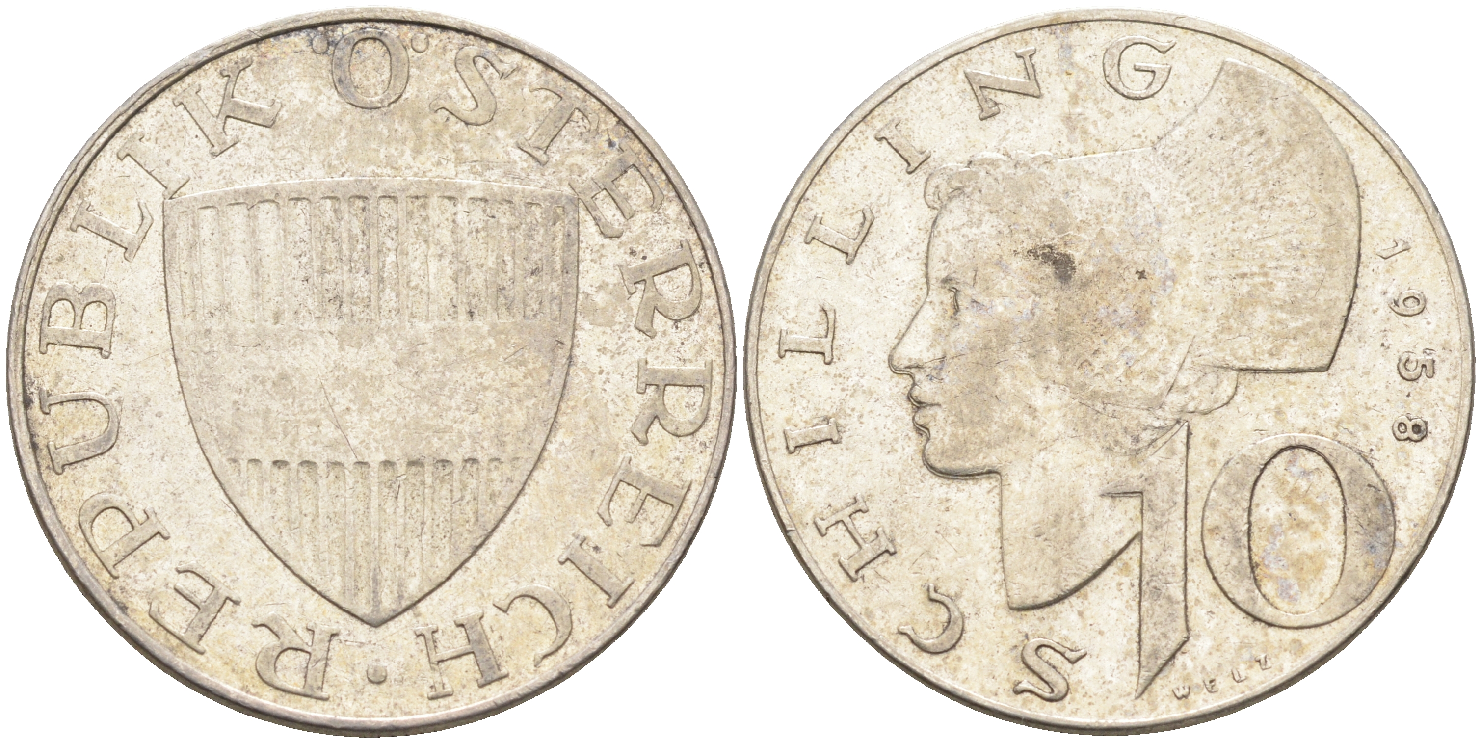 Австрия 10 шиллингов 1958  KM 2882 серебро 4595-452