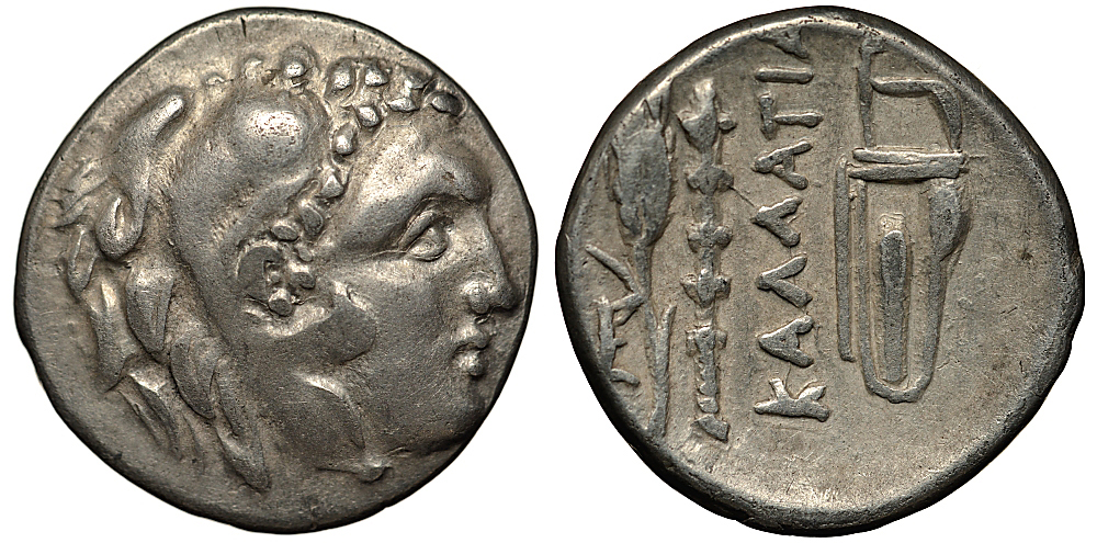 МЕЗИЯ, КАЛЛАТИС ДРАХМА III-II вв. до н.э. ГОЛОВА ГЕРАКЛА В ЛЬВИНОМ СКАЛЬПЕ / KA??ATIA, ПШЕНИЧНЫЙ КОЛОС, ПАЛИЦА, ЛУК В ГОРИТЕ, 4,89 грSNG BM Black Sea 202 серебро 1073-11-83