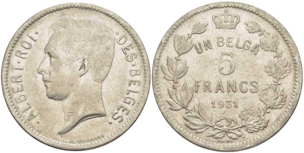 БЕЛЬГИЯ 5 ФРАНКОВ 1931 АЛЬБЕРТ I, DES BELGES KM 97.1 никель 3851-212