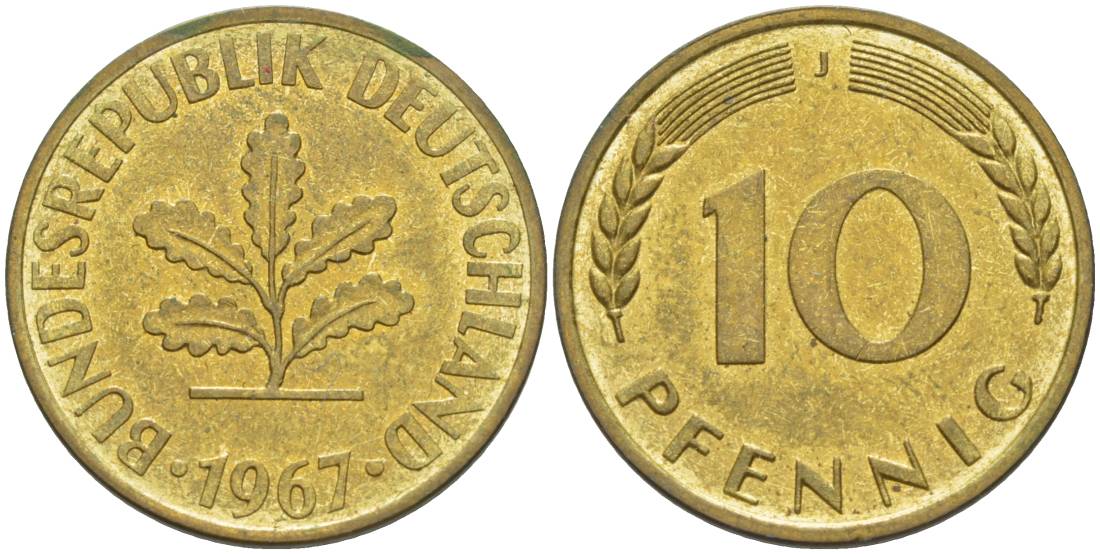 ФРГ 10 ПФЕННИГОВ 1967 J KM 108, J. 383 сталь плакированная латунью 219-427