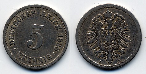 ГЕРМАНИЯ 5 ПФЕННИГОВ 1888 A, СТАРОГЕРБОВКА KM 3, J. 3 медно-никель 51-4911