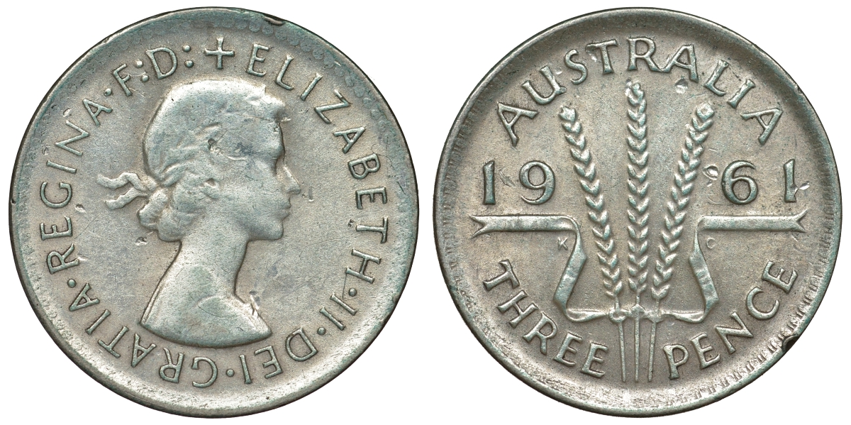 Австралия 3 пенса 1961 m, Елизавета II (1952-2022) KM 57 серебро 71-816