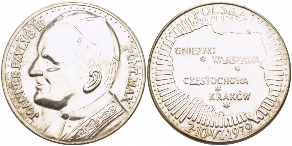 ПОЛЬША МЕДАЛЬ 1979 ВИЗИТ В ПОЛЬШУ ИОАНА ПАВЛА II, ГНЕЖНО, ВАРШАВА, ГЖЕСТОВА, КРАКОВ серебро аUNC 1082-2-22