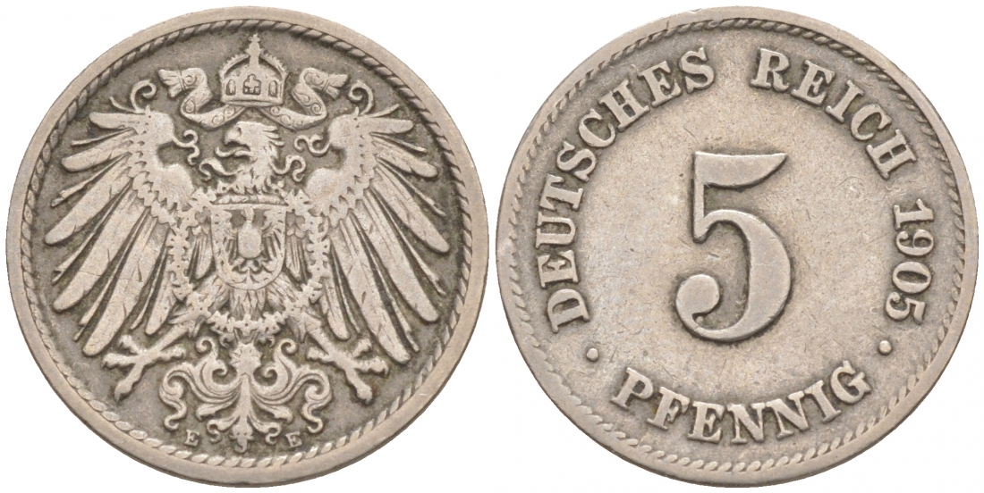 ГЕРМАНИЯ 5 ПФЕННИГОВ 1905 E, KM 11, J. 12 медно-никель 73-1755