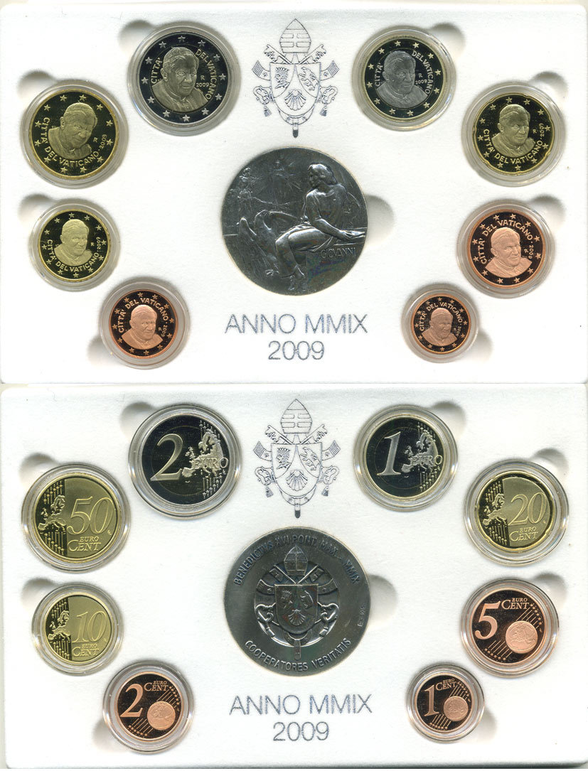 Ватикан евронабор из 8 монет + серебряная медаль 2009 Бенедикт XVI, в оригинальной коробке, с сертификатом KM PS 22 биметалл PROOF 5-4-6-07
