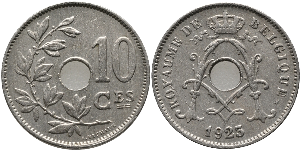 БЕЛЬГИЯ 10 САНТИМОВ 1923 BELGIQUE KM 85.1 медно-никель 4380-925