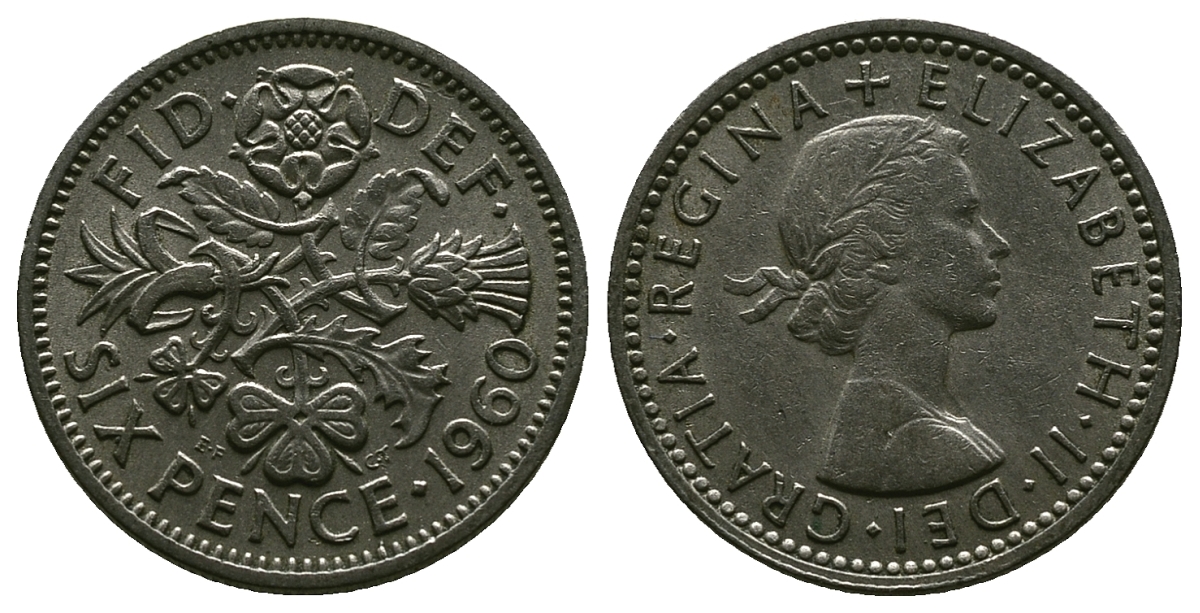 Великобритания 6 пенсов 1960 Елизавета II (1952-2022) KM 903, Spink 4149 медно-никель 4381-731