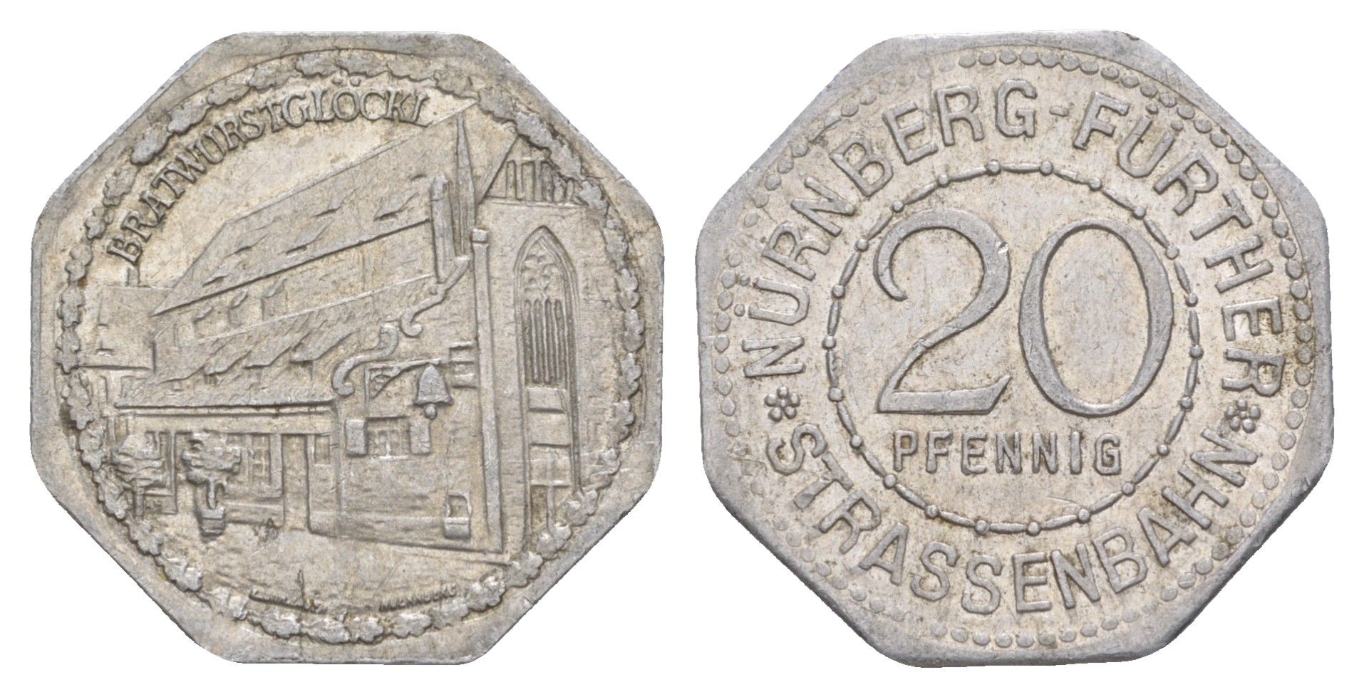 Нюрнберг трамвайный (транспортный) жетон в 20 пфеннигов ND (1920-1921) Братвурст Men05 19256.5, Men18 24102.5 алюминий 3459-535